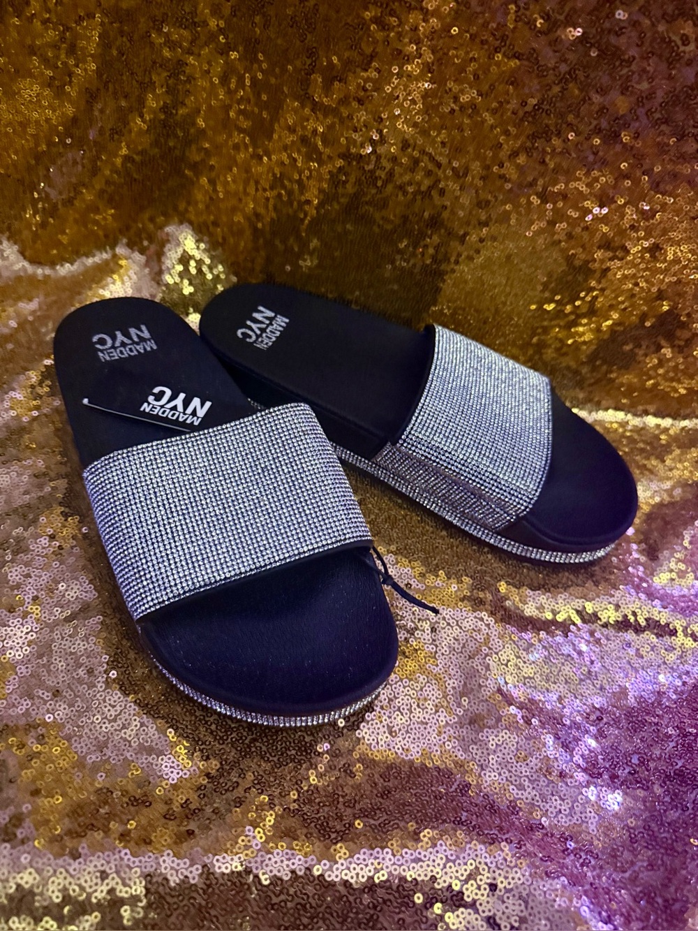 Madden NYC Black Slide Sandals with Sparkling Crystal Strap